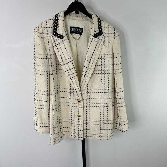 Criscione Women's Vintage Ivory Notched Lapel Knitted Tweed Suit Jacket Size M - Picture 1 of 12